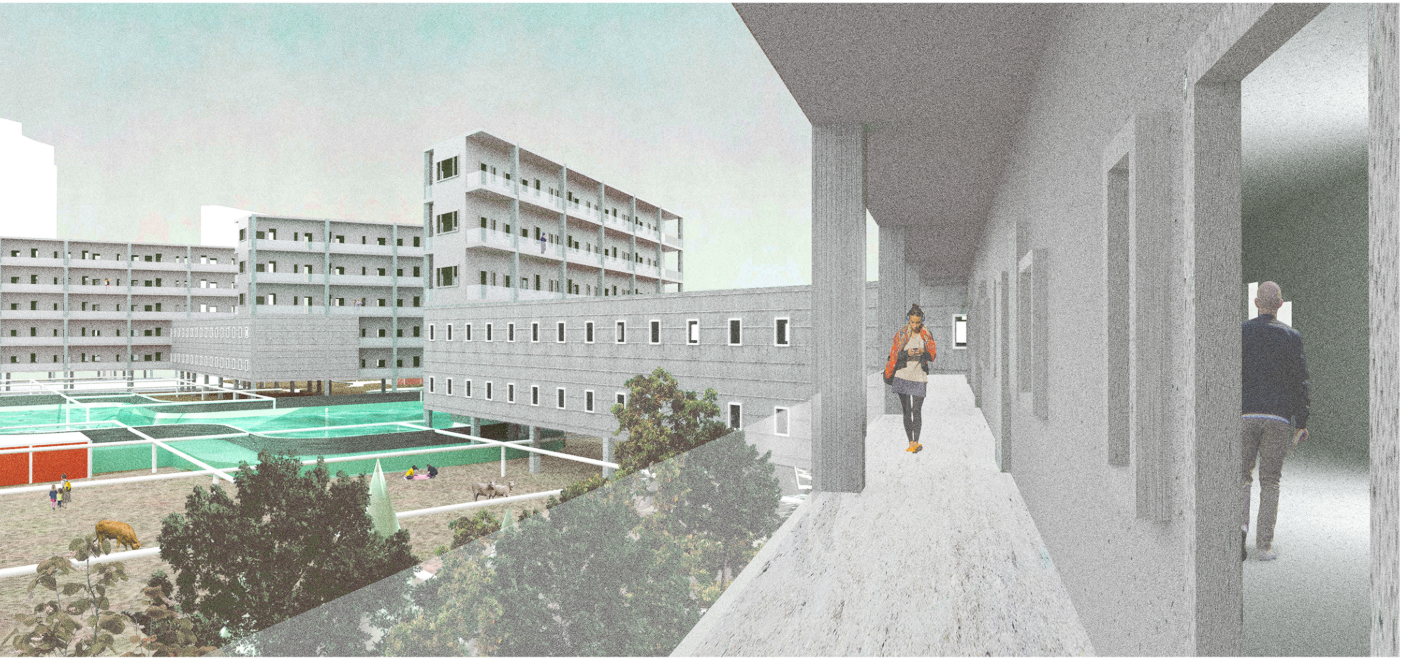 Semi-public corridors overlooking green courtyards, blending housing with urban farming zones.