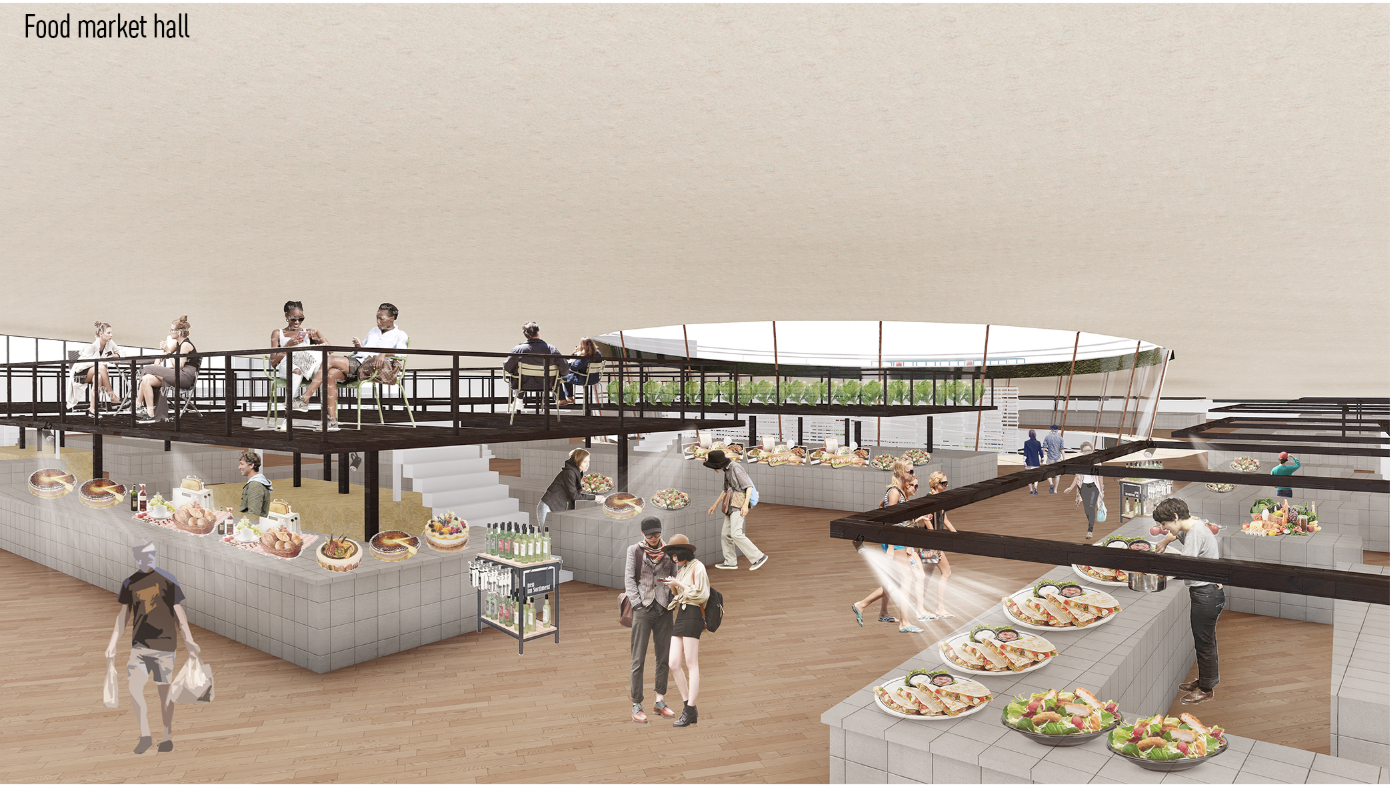 A dynamic hub blending food stalls, social interaction, and elevated dining.