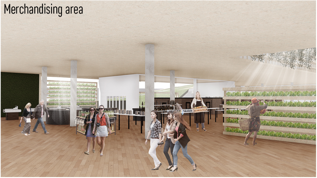 A market space merging retail, greenery, and eco-conscious consumer experiences.