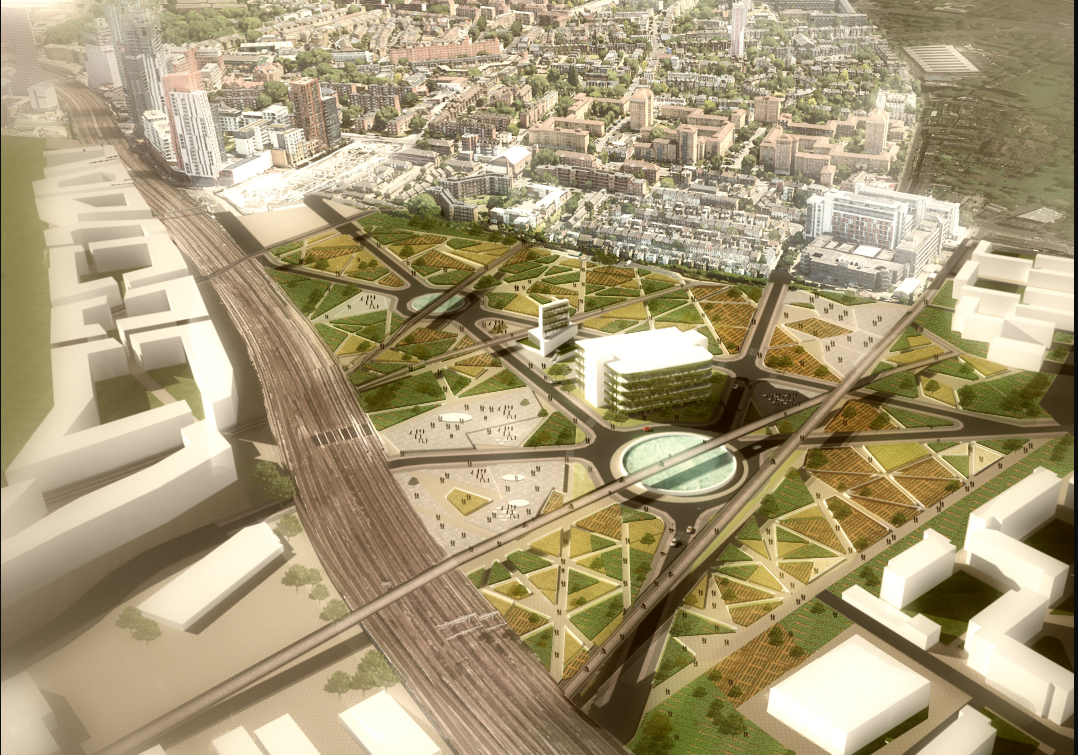 Aerial view of urban agriculture seamlessly woven into city infrastructure and public spaces.