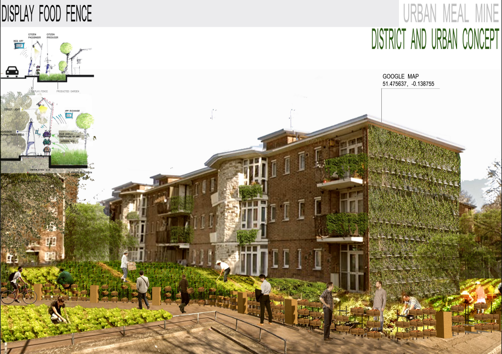 Residential building with green façades and shared gardens transforming fences into food-sharing hubs.
