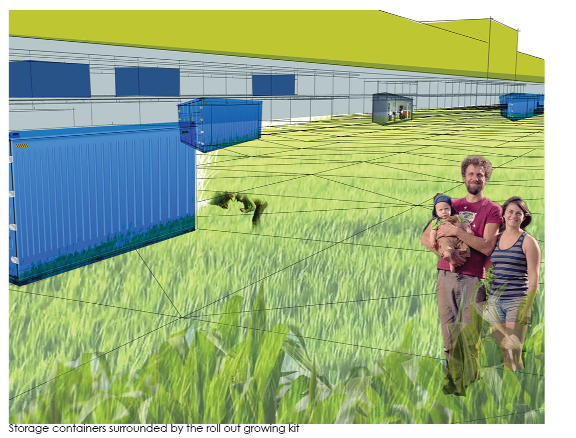 Storage containers with roll-out growing kits create interactive green spaces.