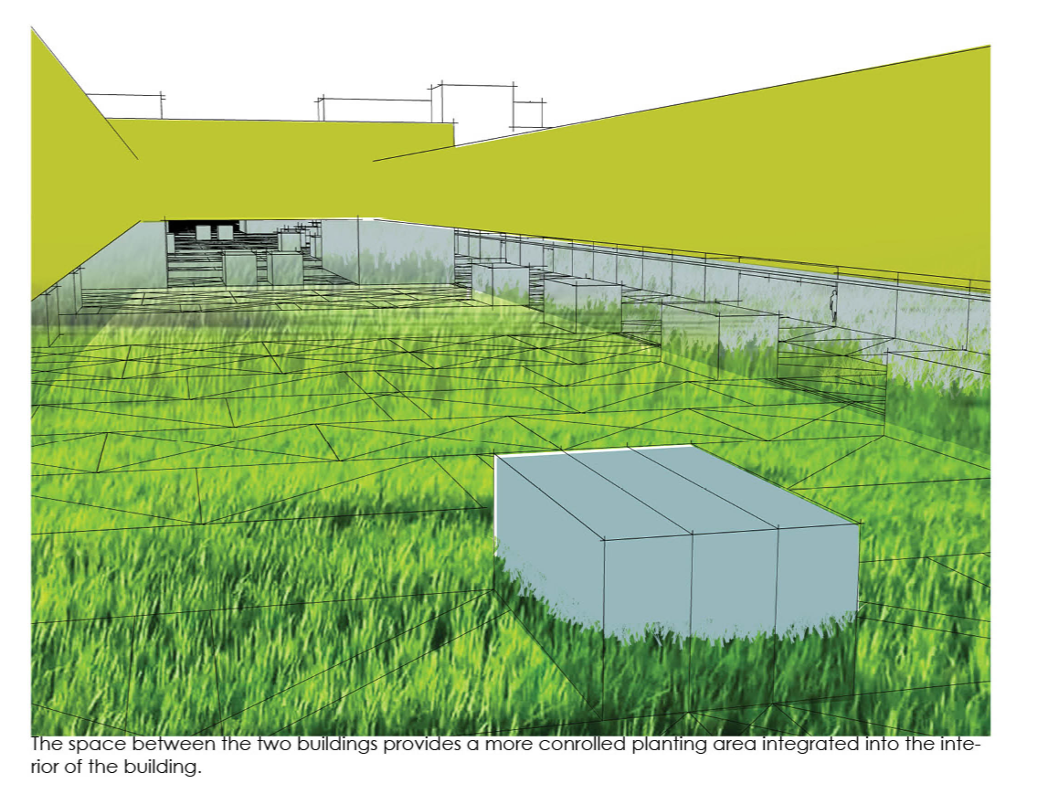 Adaptive architecture with glass walls for natural light and integrated indoor farming.