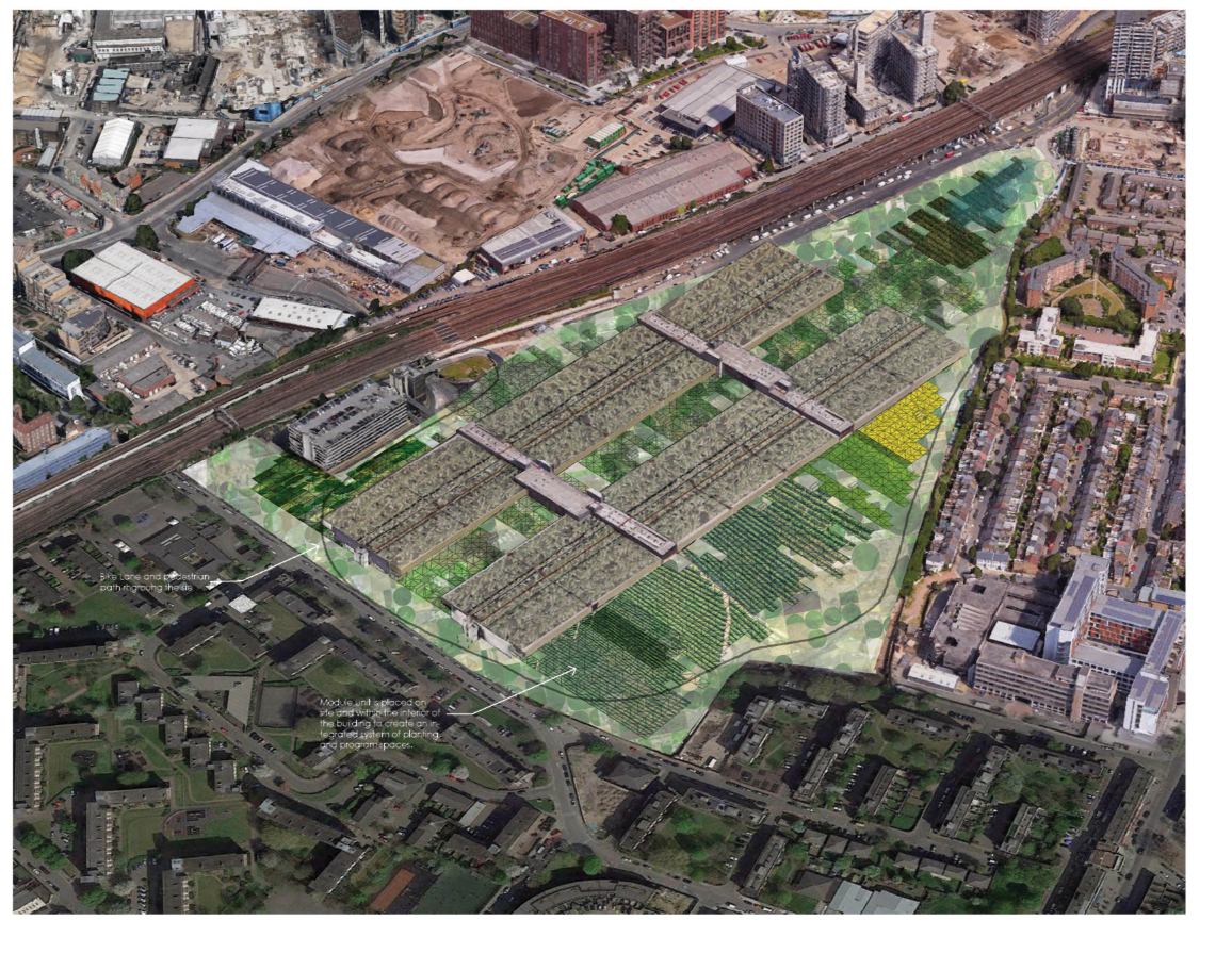 Large-scale view of FoodFlow modules woven into the city fabric.