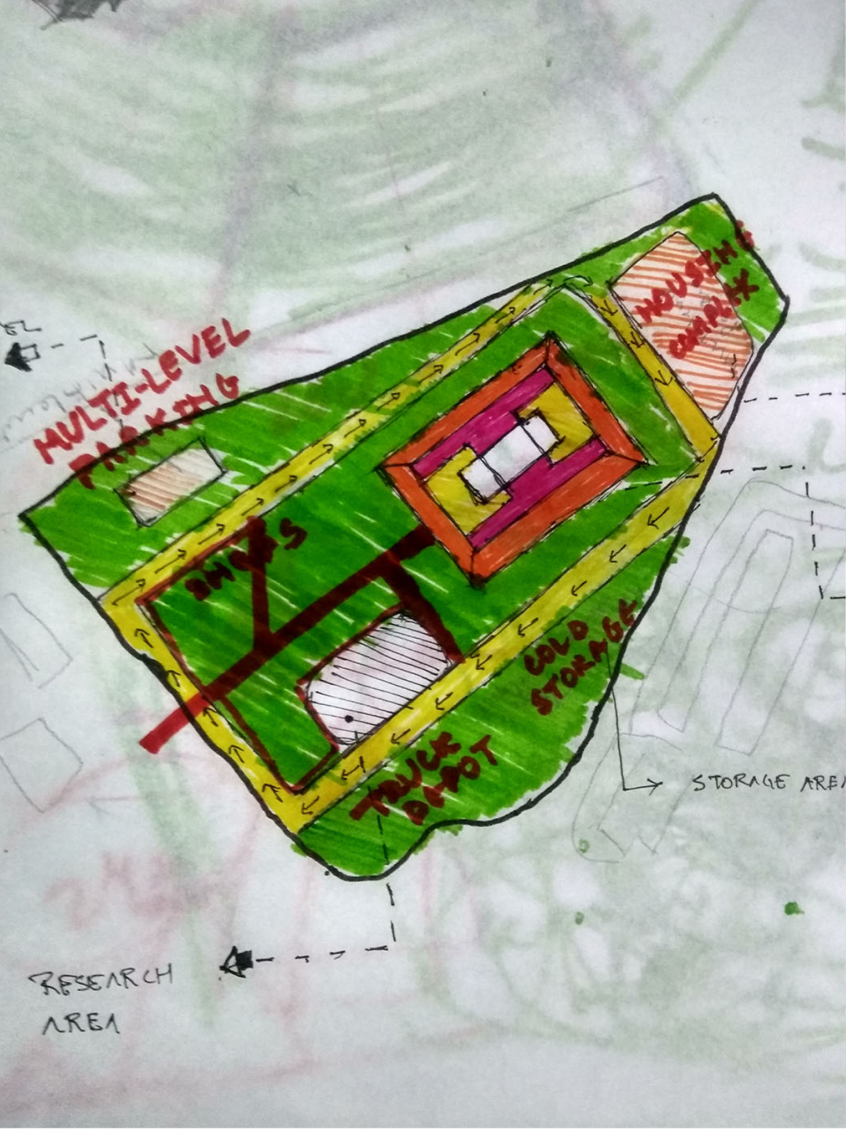 Conceptual site plan showing integrated parking, storage, and logistics for the Urban Mountain.