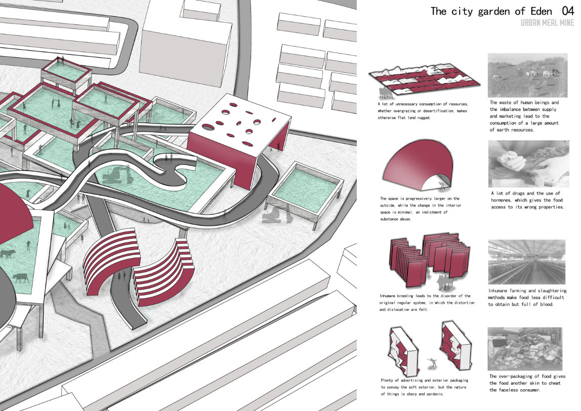 Close-up axonometric of the curved circulation path linking garden plots and red-striped pavilion structures with annotation diagrams