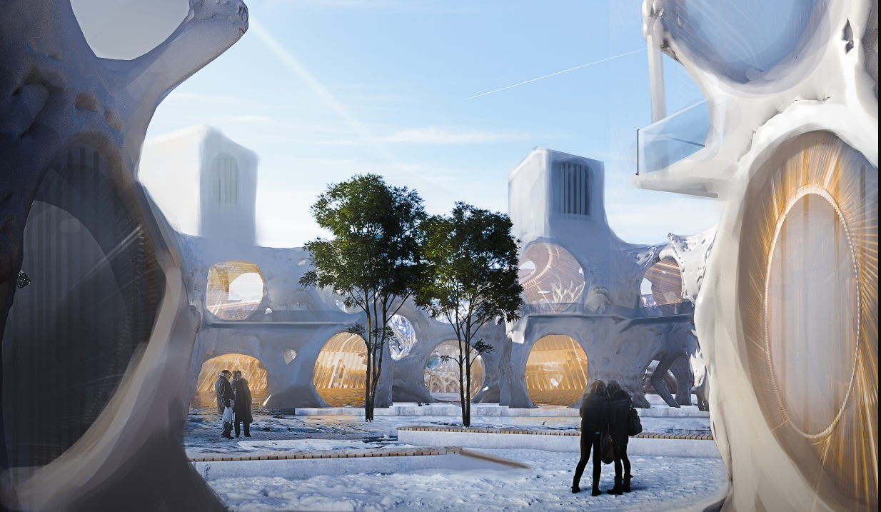 Organic architectural forms fostering public interaction, farming, and shared living.