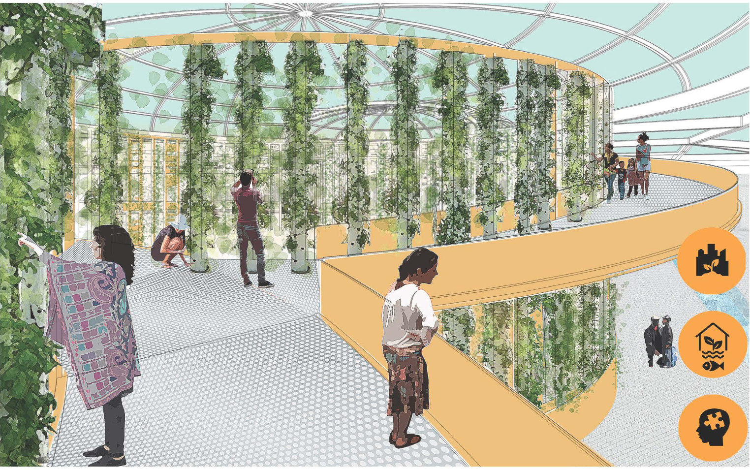 Vertical farming within a light-filled dome engages citizens with sustainable food production.