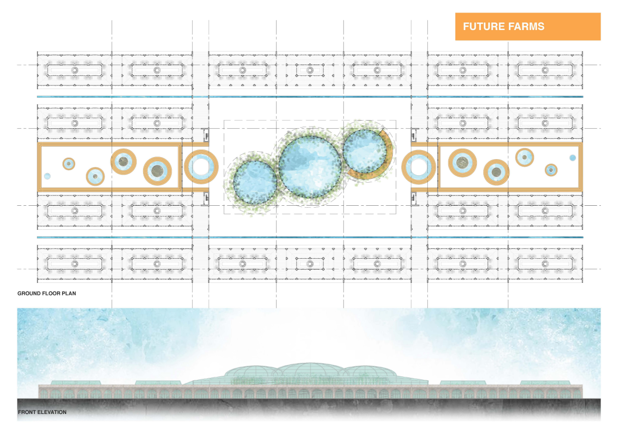 A holistic layout combining farming cores, water management, and urban architecture.