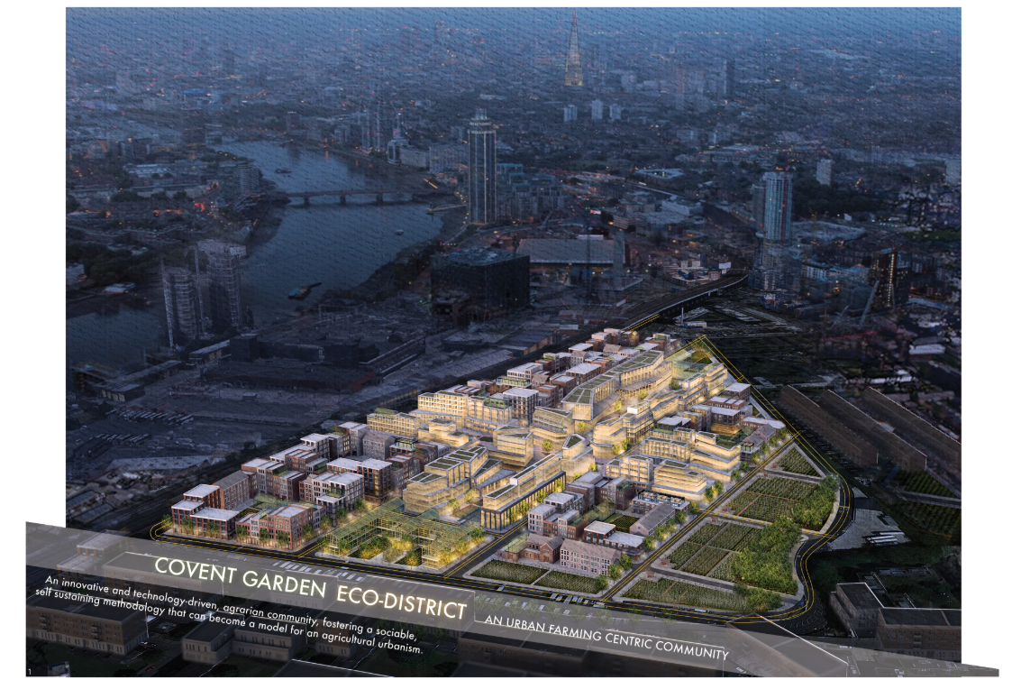 The Covent Garden Eco-District envisioned as a vibrant urban farming community at the heart of London.