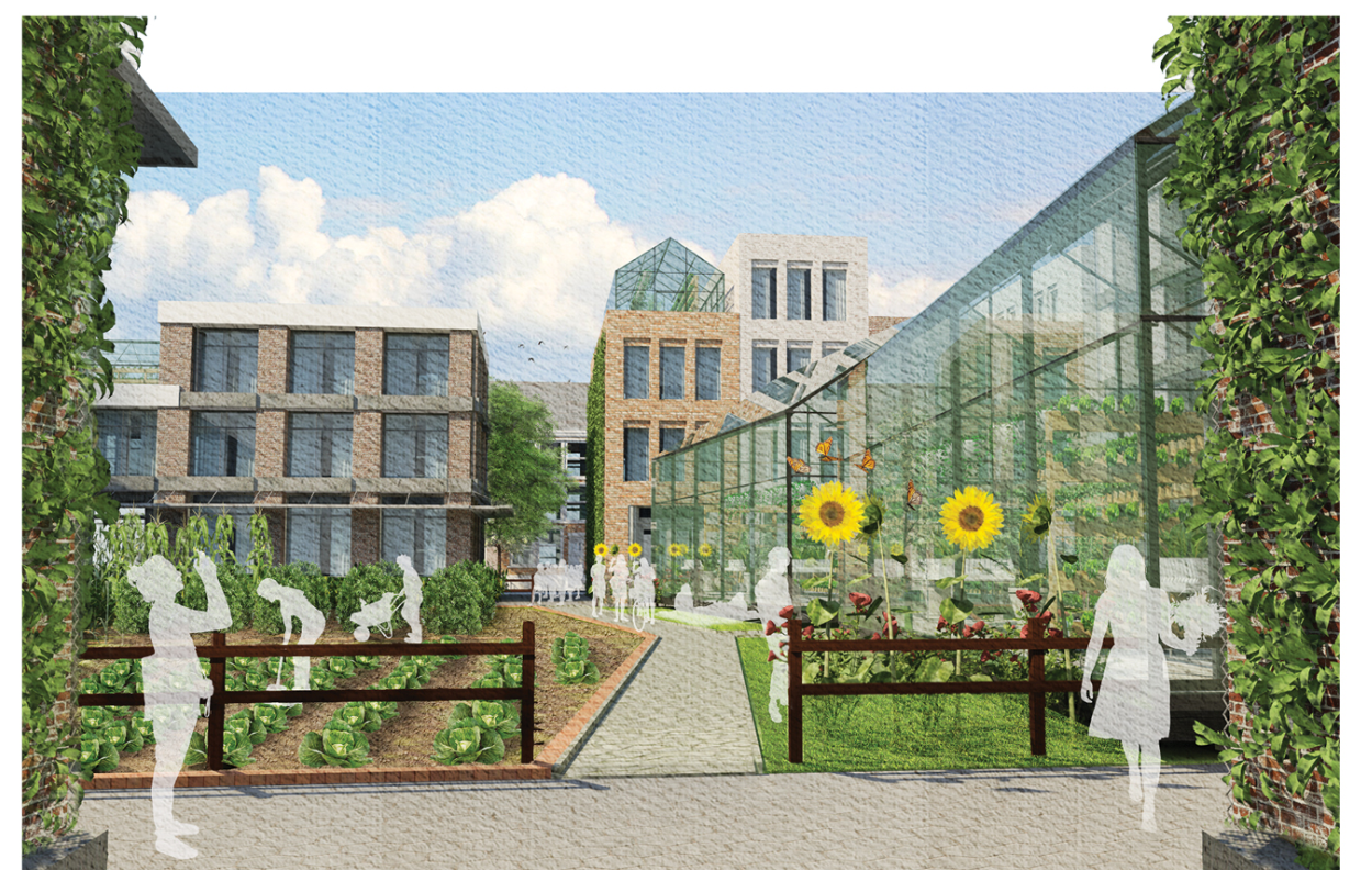 Mixed-use residential spaces with shared greenhouses and urban farming plots.