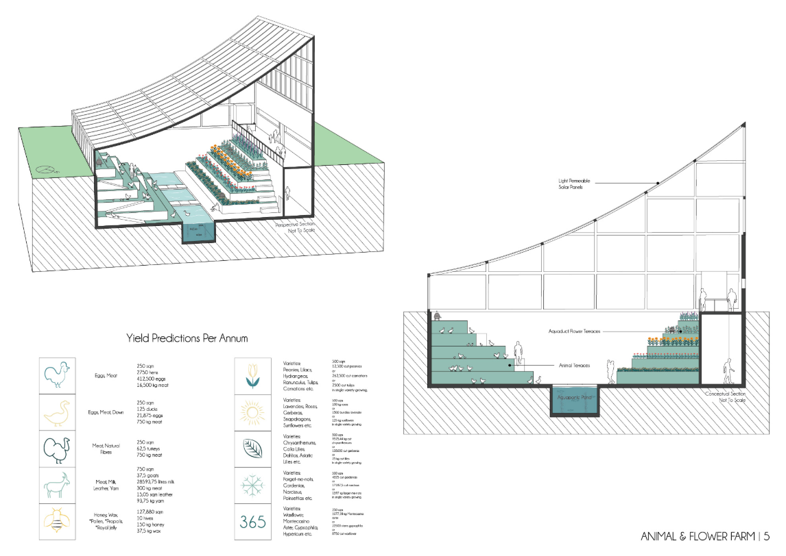 Hybrid farm modules combining animal terraces, aquaponic ponds, and flower cultivation for year-round yield.
