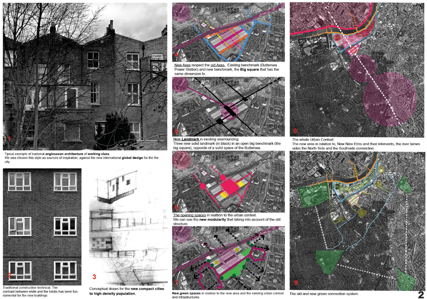 Urban analysis and design strategy showing traditional housing references, new urban axes, modular layouts, and green connections in the Nine Elms context.