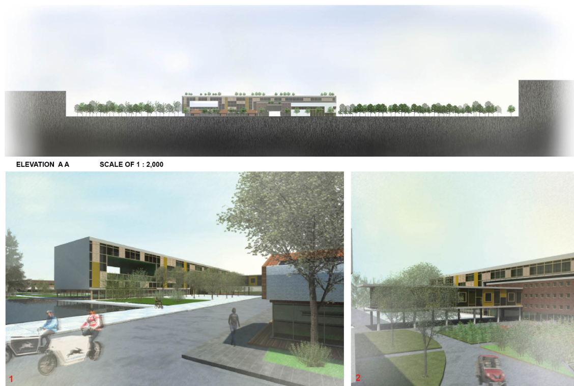 Architectural elevation and internal views showing sustainable housing blocks, cycling-friendly streets, and integrated green spaces for community living.
