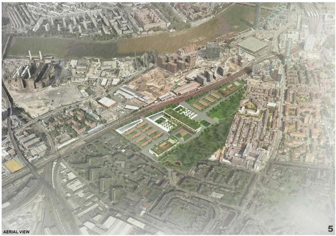 Aerial view of the Farm.F.actor.Y masterplan showing integrated green spaces, housing blocks, and public areas within the dense London urban fabric.