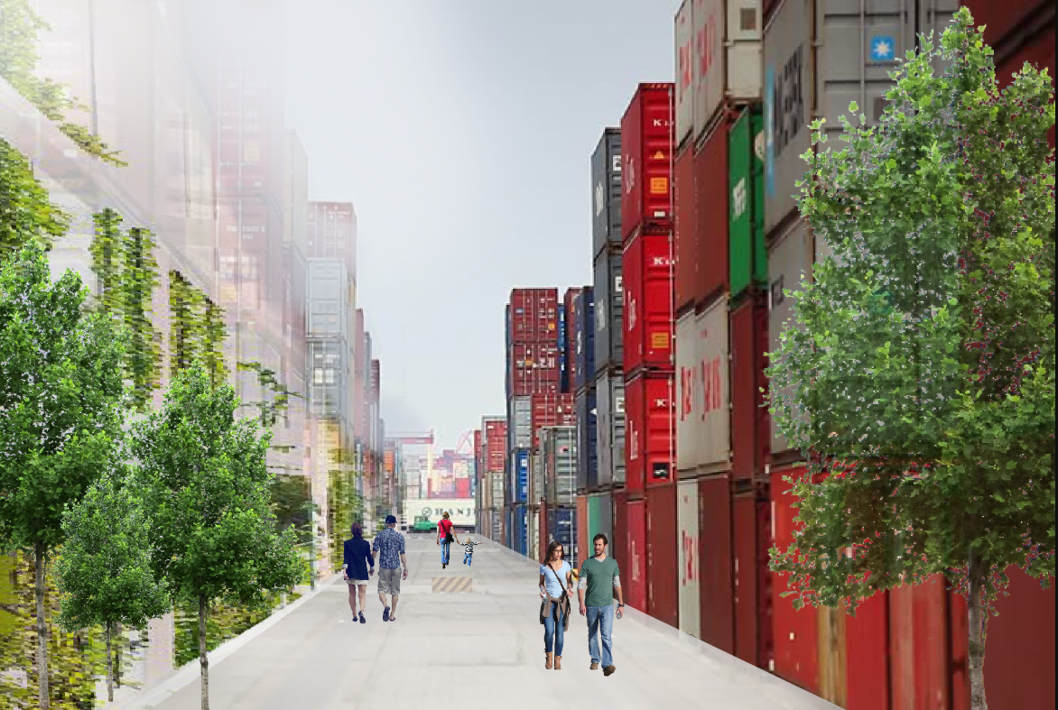 A vision of modular container architecture shaping walkable, green urban spaces.