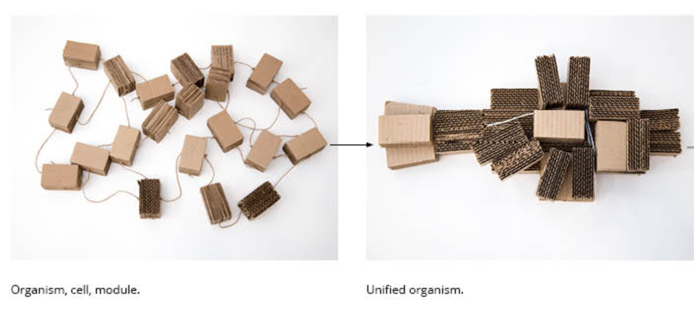 Individual units merging into an interconnected architectural framework.