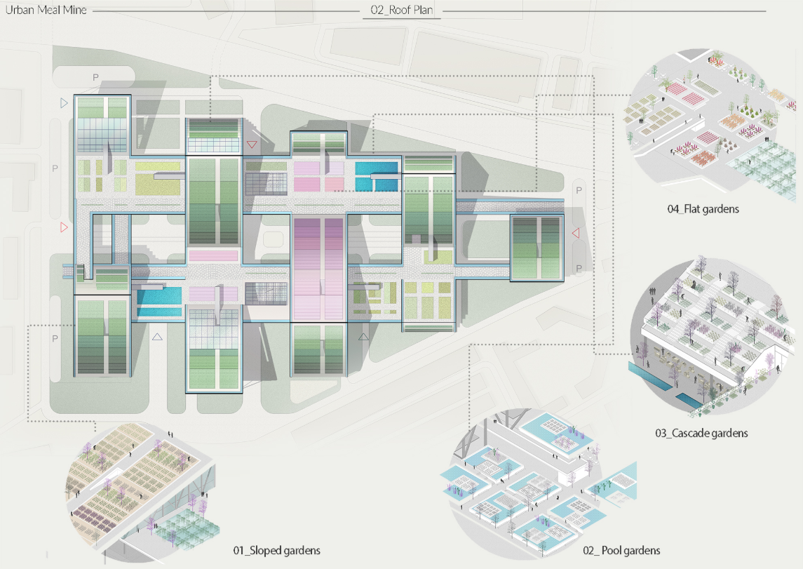 A top view of sloped, pool, cascade, and flat gardens integrated into the sustainable roof design.