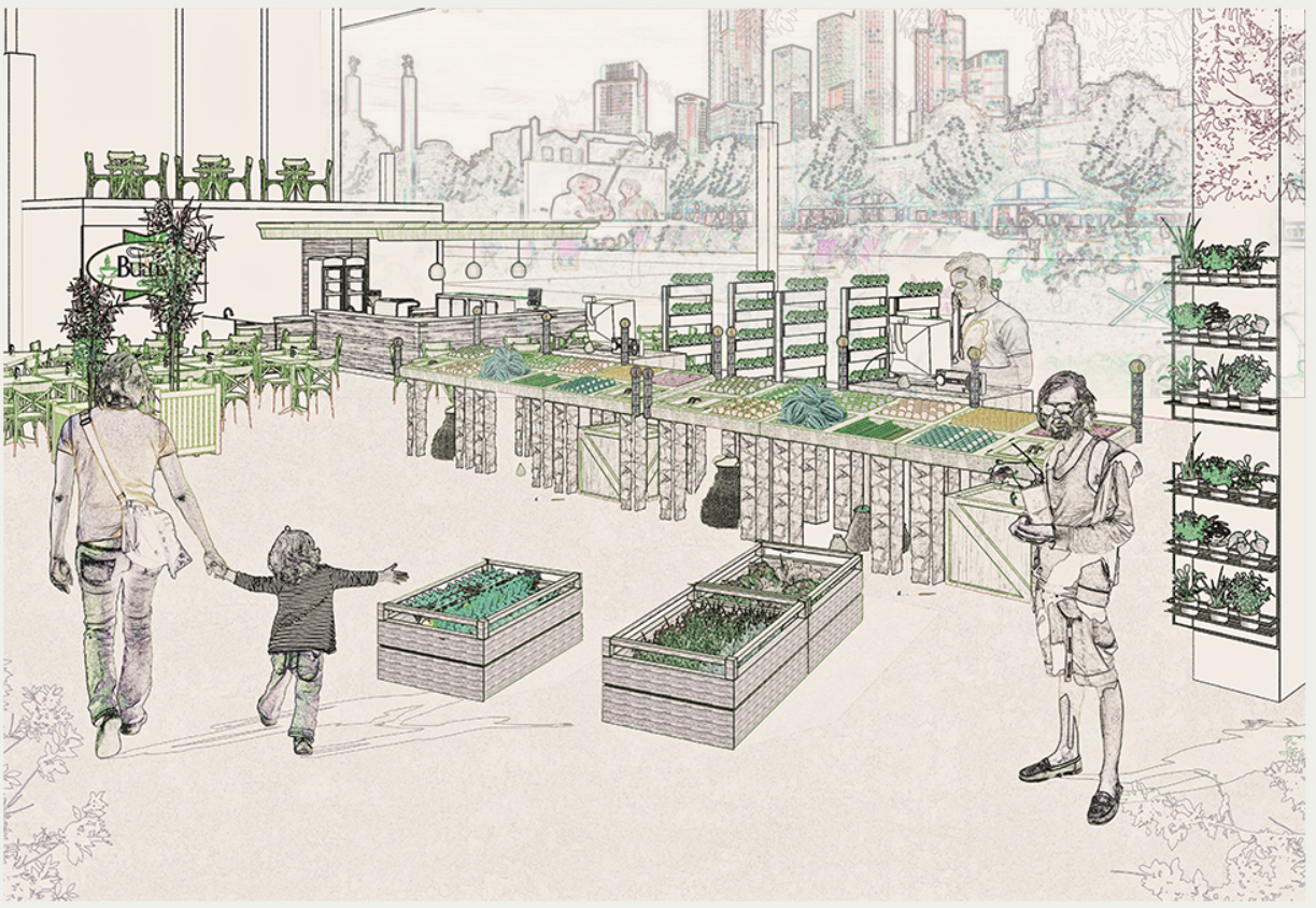 Indoor space where families engage with fresh produce and urban farming displays.