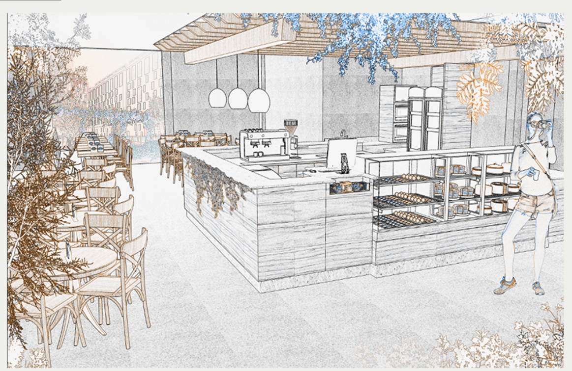 A sustainable dining hub blending greenery with social interaction and urban food culture.