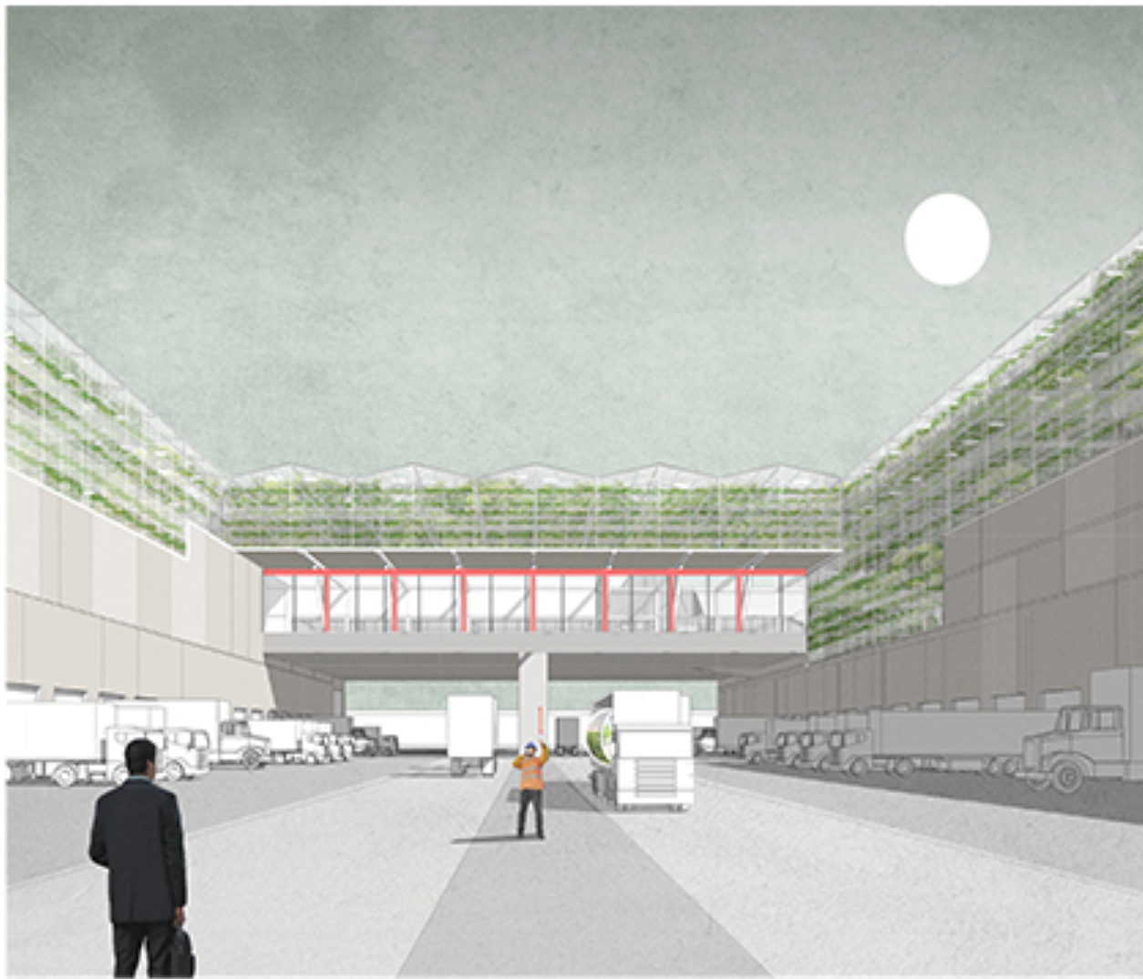 Elevated greenhouse decks above wholesale storage create a multi-layered food distribution system.