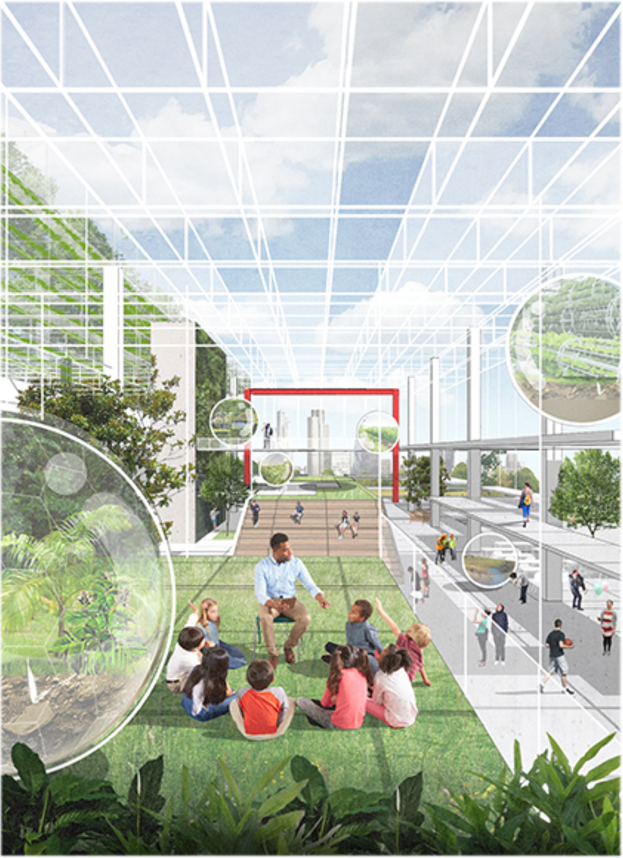 Open green courtyards connect people, fostering awareness of urban farming and sustainable living.