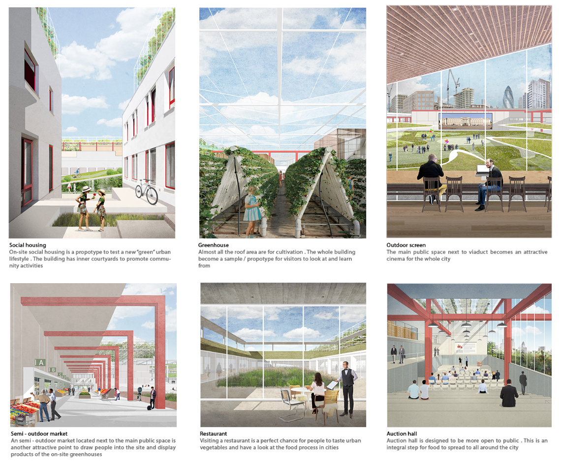 Social housing, greenhouses, outdoor markets, and public amenities integrate food into urban life.