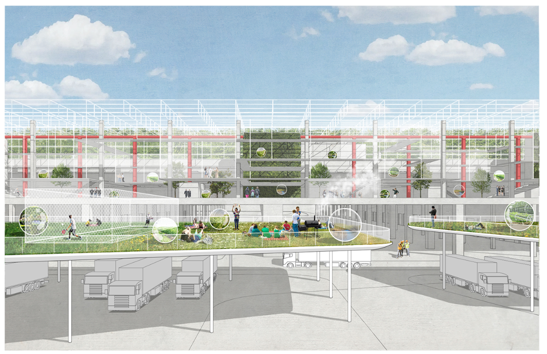 A layered architectural vision where logistics, farming, and public spaces coexist.