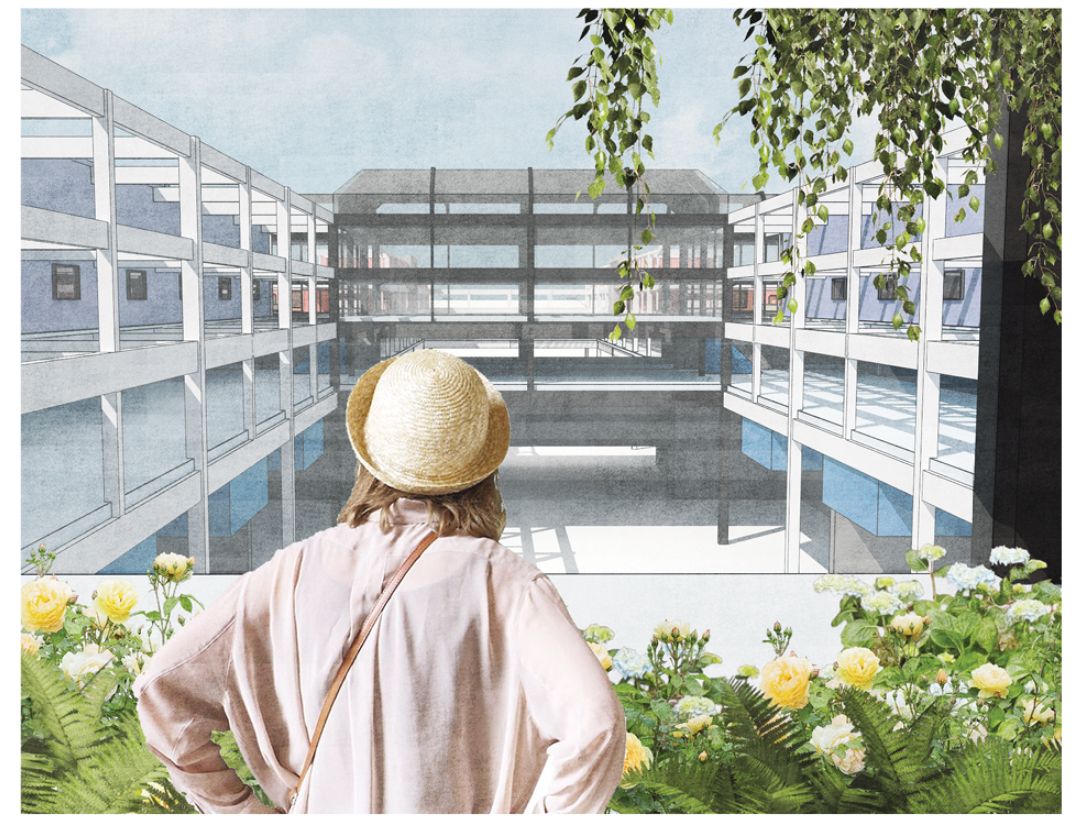 A central courtyard greenhouse enhances community interaction and green circulation.