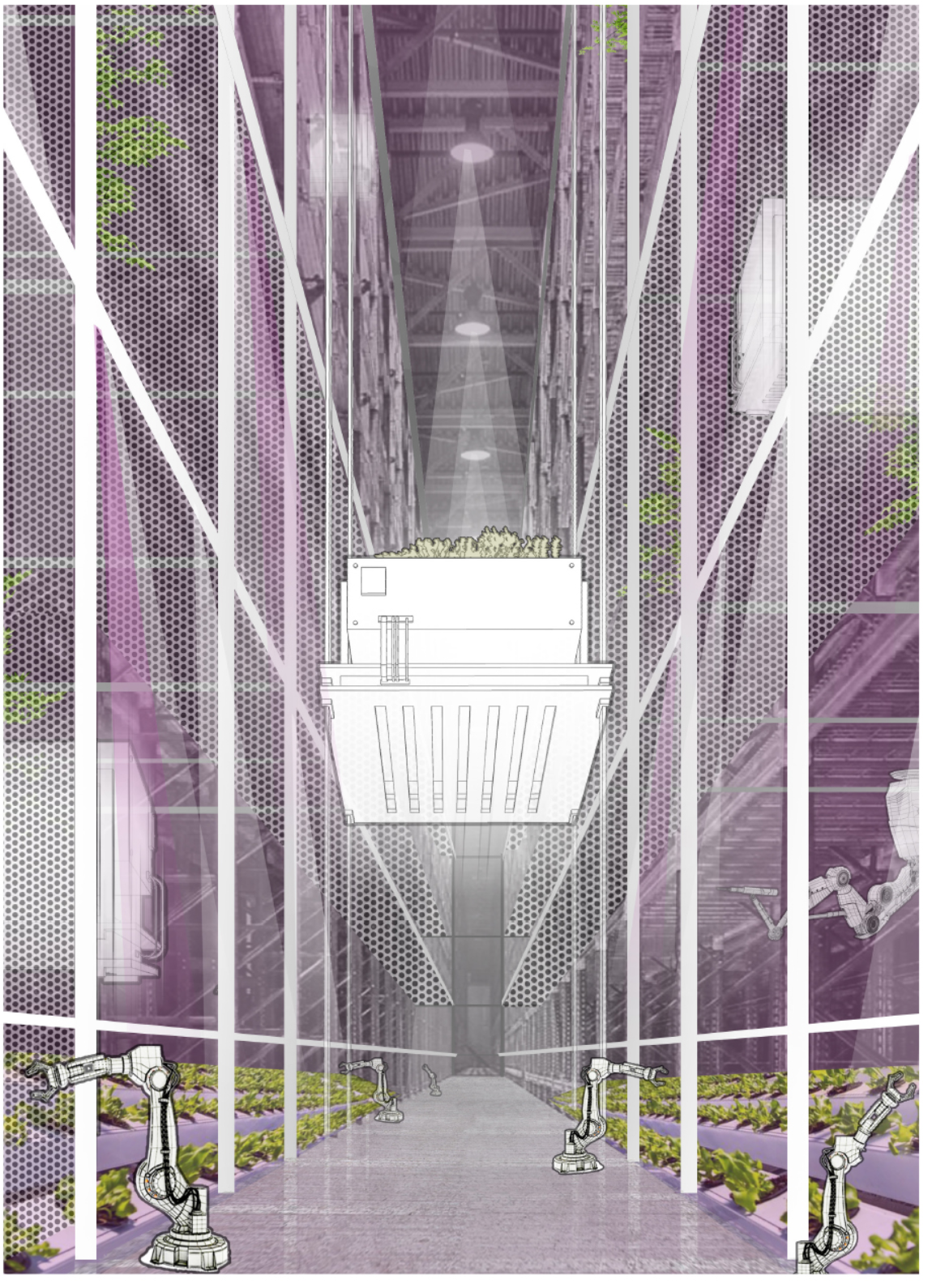 A high-tech agricultural corridor with robotic arms and automated growing systems.