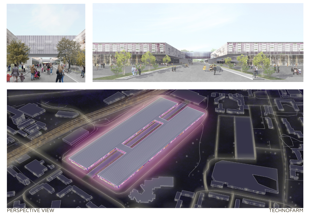 Public plaza and aerial night view highlighting the scale and integration of the TechnoFarm hub.