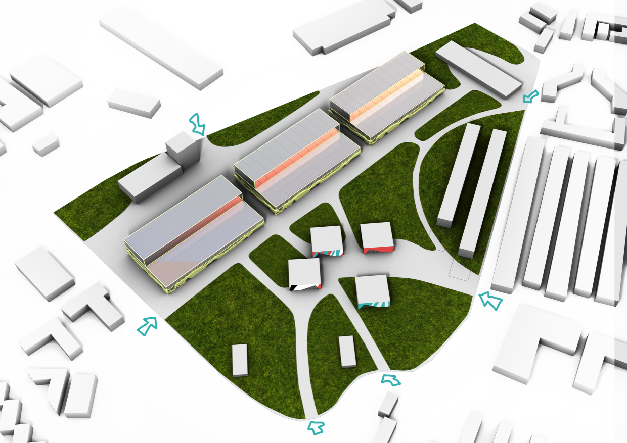 3D visualization of modular farm buildings, housing units, and open green spaces connected by pathways.