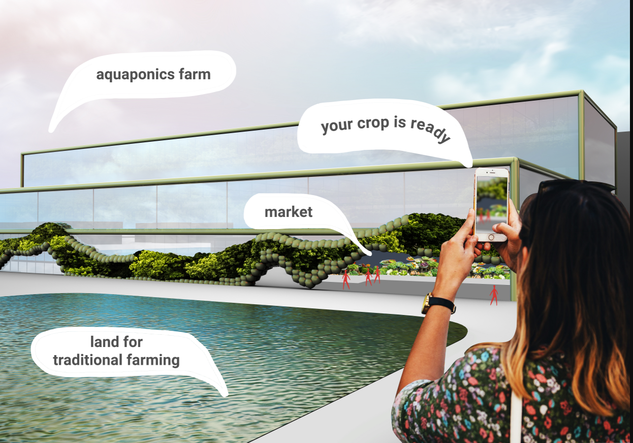 Perspective rendering highlighting aquaponics farms, markets, and digital engagement with crop readiness.