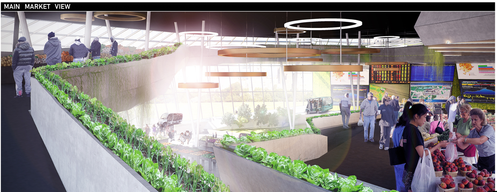 A vibrant indoor farming and trading hub where architecture integrates fresh produce with community interaction.