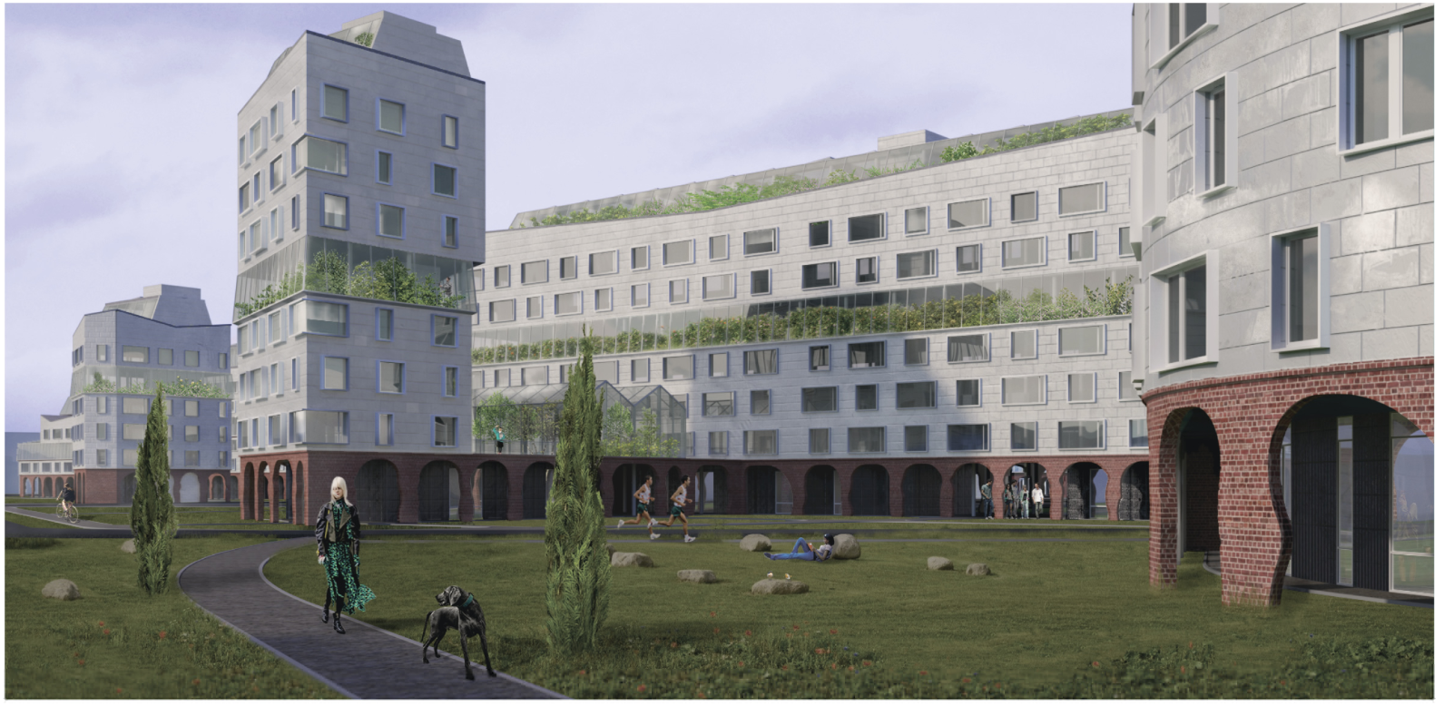 A view of the crop-integrated residential buildings, combining green terraces with brick and glass facades.