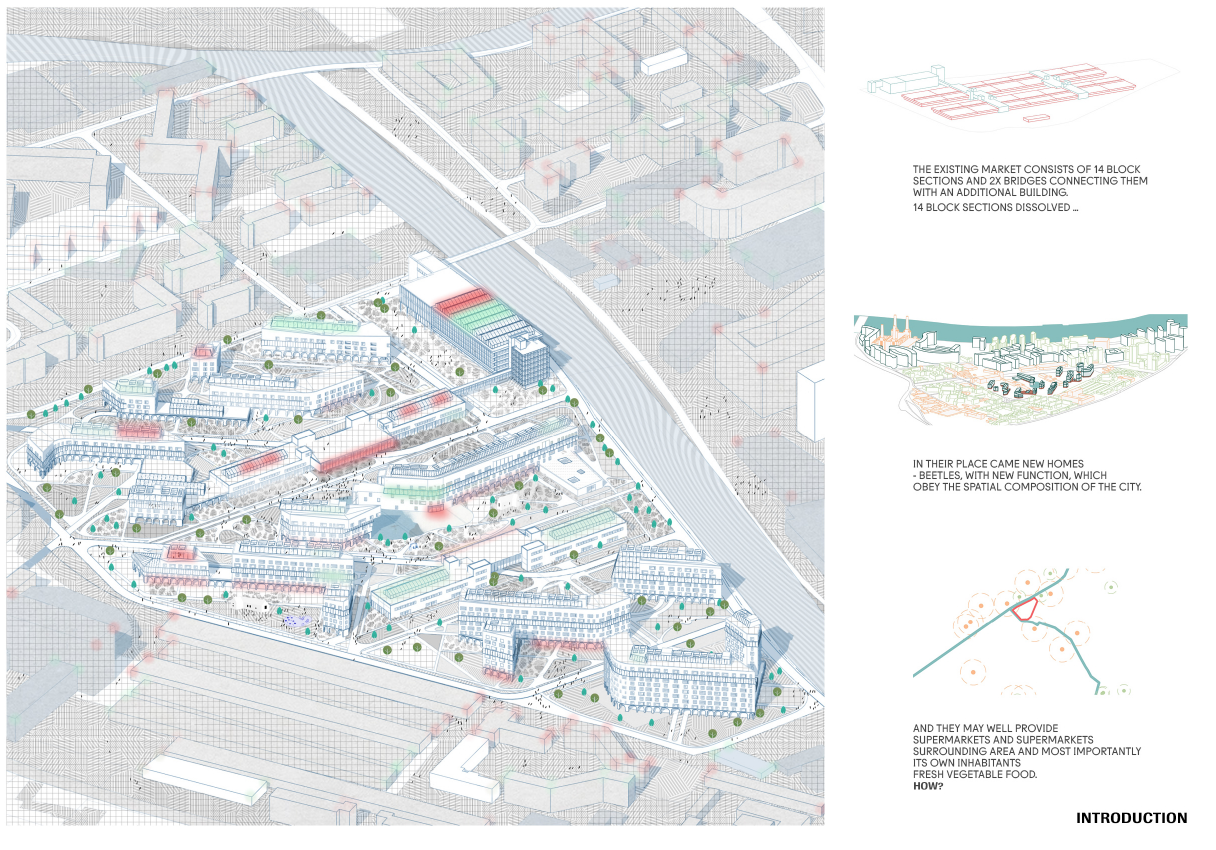 Axonometric view of the transformed market site with housing blocks and agricultural layers.