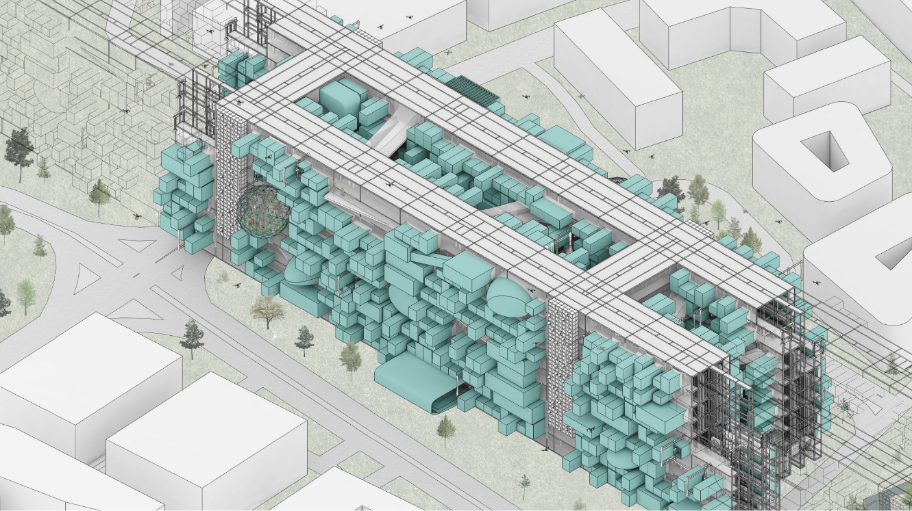 Aerial perspective of Linear City showcasing its modular AI-driven architecture and urban adaptability.