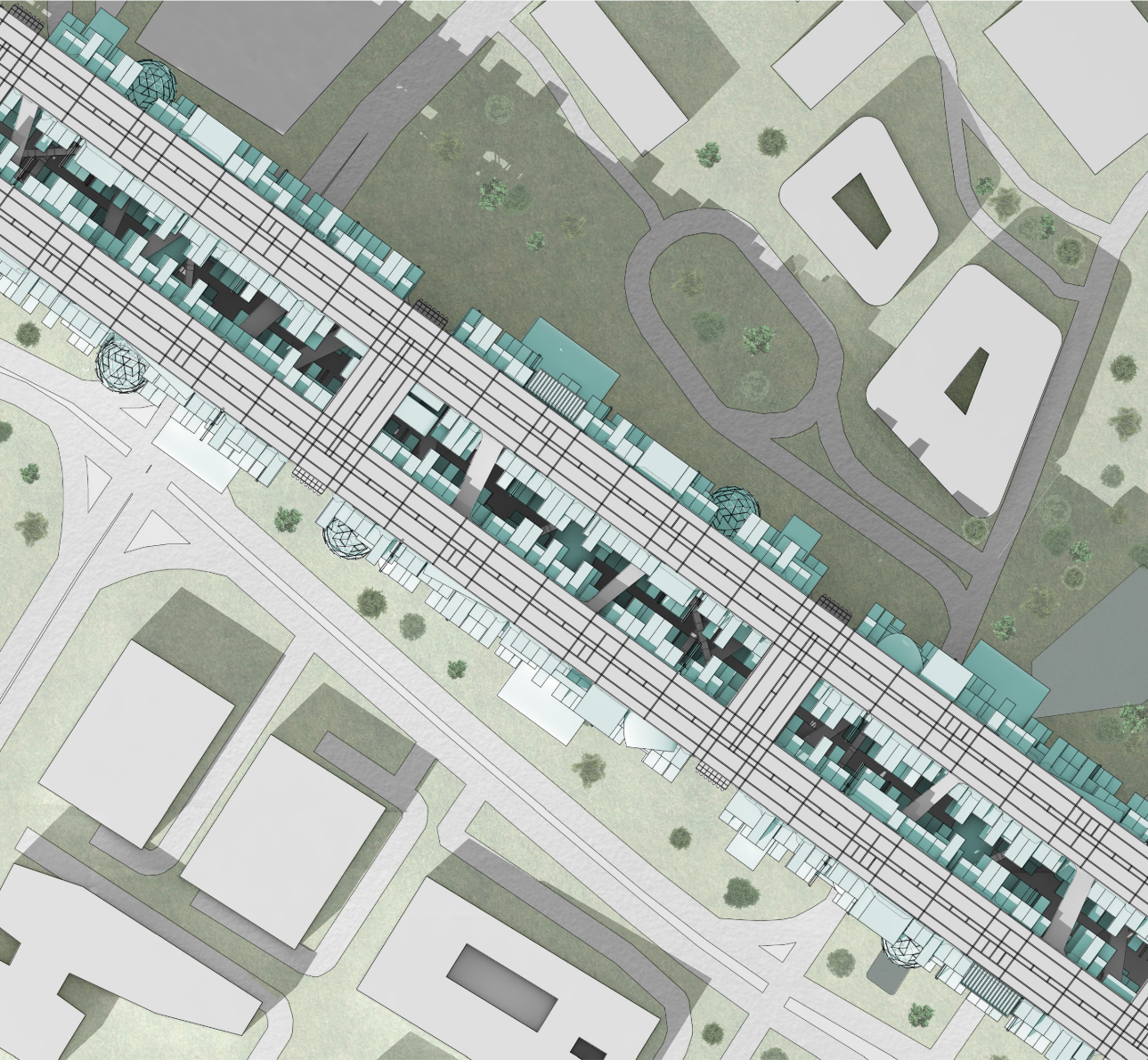 Top view showing Linear City’s integration into the surrounding urban fabric and circulation network.