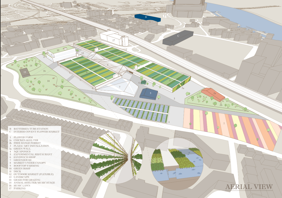 Axonometric site drawing showing green agricultural plots and colorful market pavilion among surrounding urban blocks