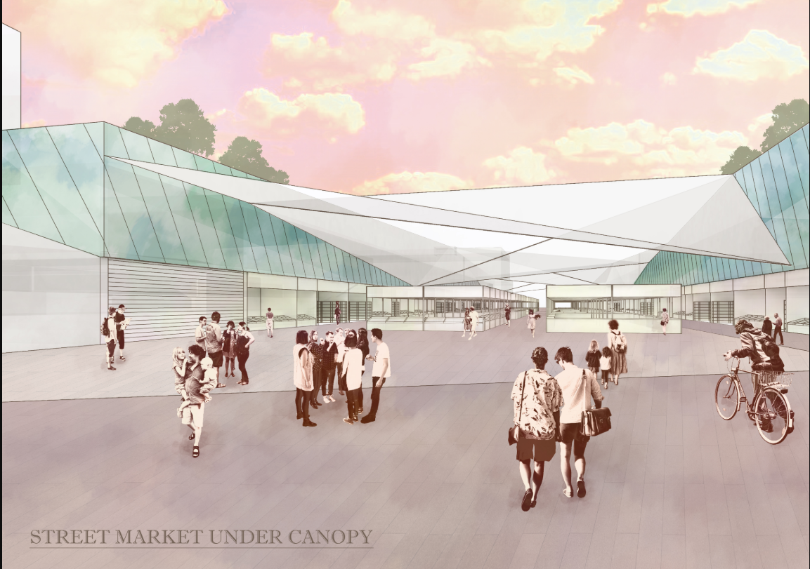 Rendered perspective of market plaza with fabric canopy stretched over gathering crowds at dusk