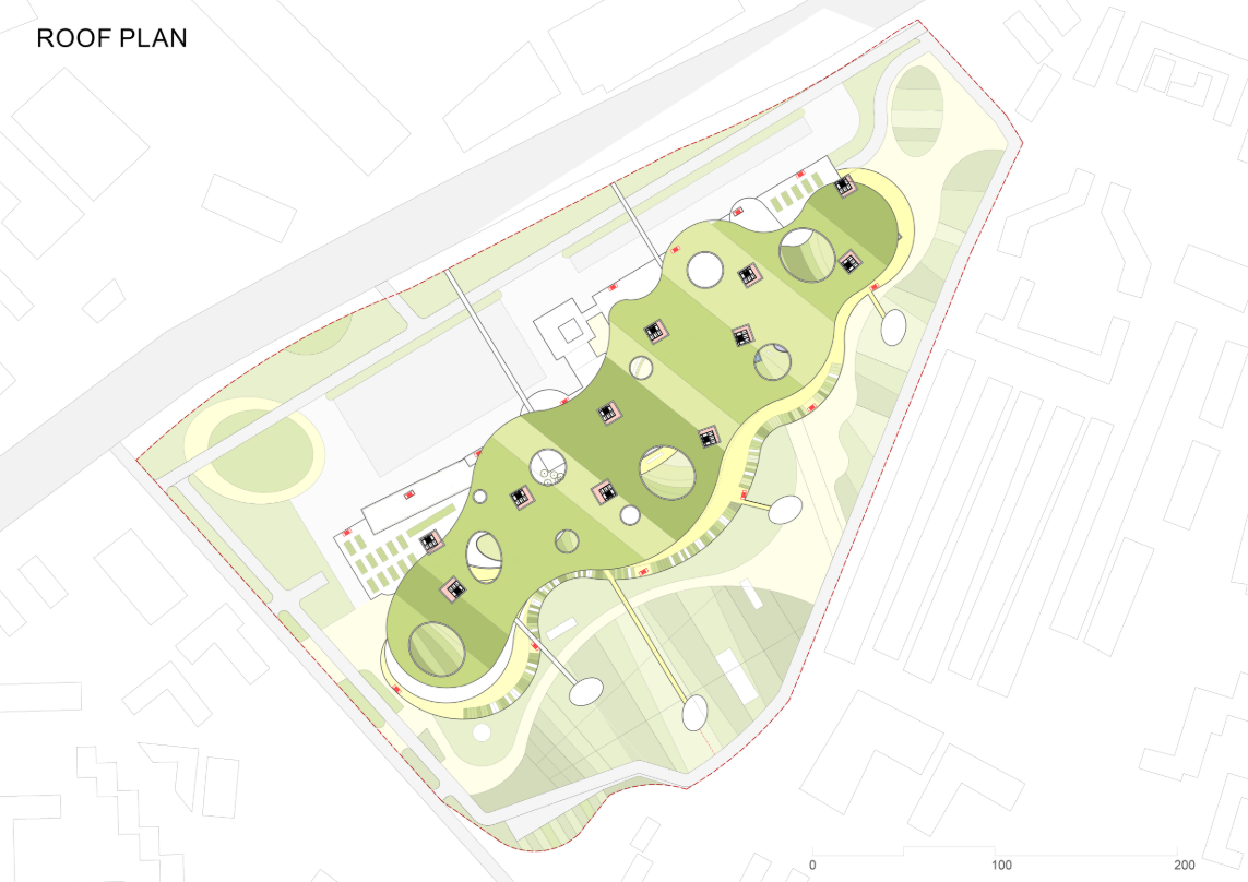 A dynamic green roof design integrating farming terraces with organic geometry.