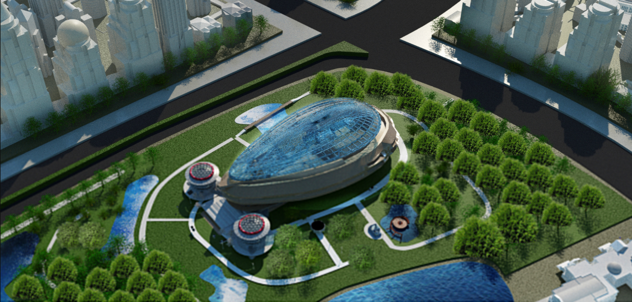 The Vi2 Engagement Center integrates futuristic architecture with lush landscapes and smart city planning.