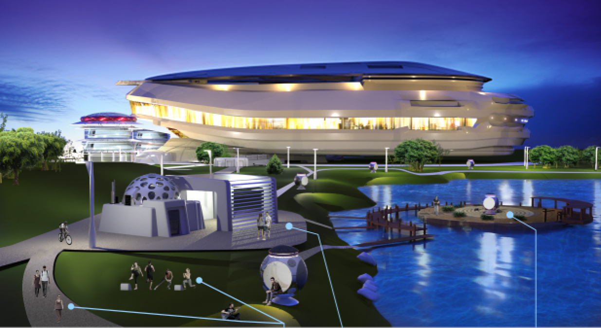 Futuristic smart architecture meets nature, creating spaces for collaboration and leisure at Vi2.