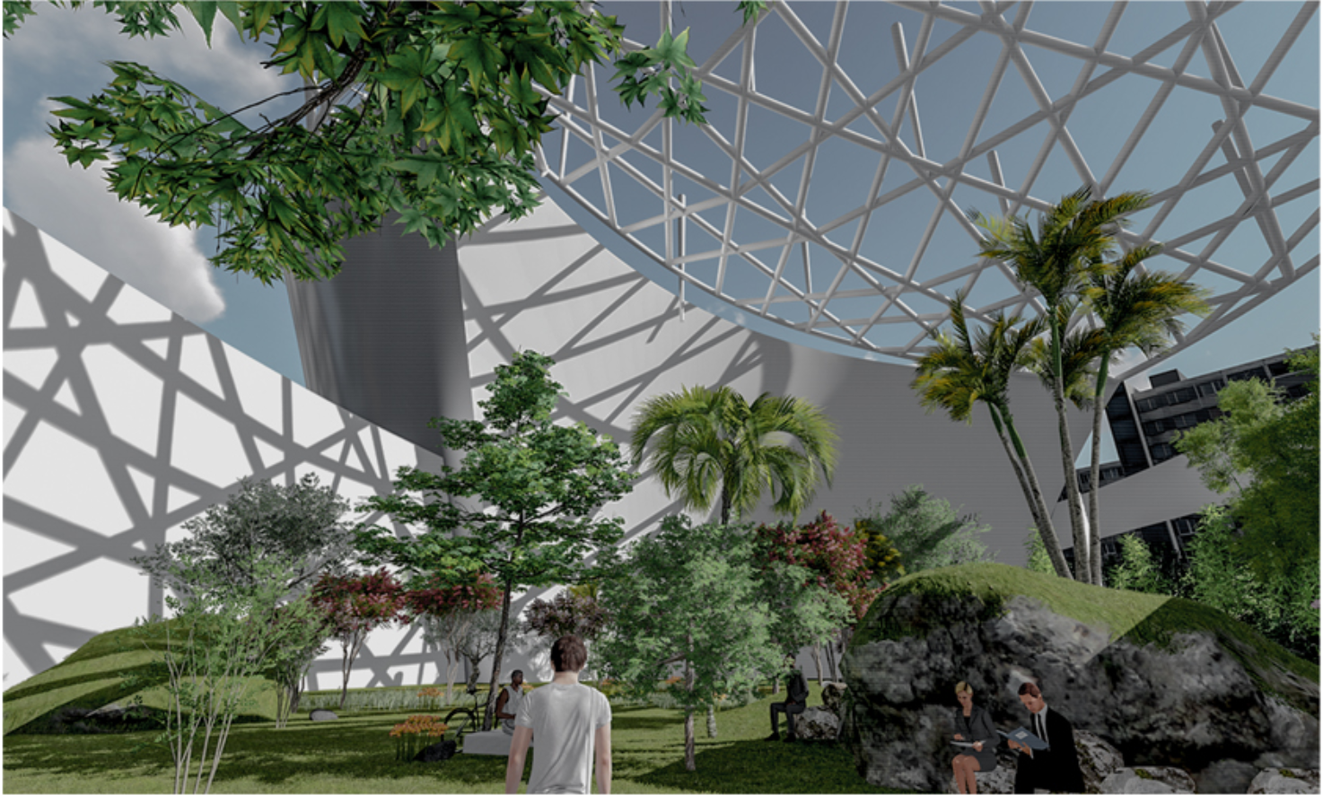 Lush landscapes and shaded atriums create healthier, people-centered environments.