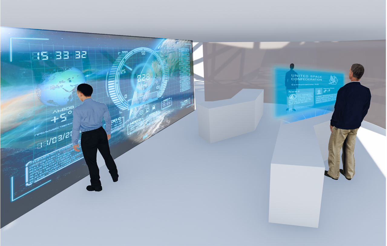 Interactive holographic walls redefine how people connect and share information indoors.