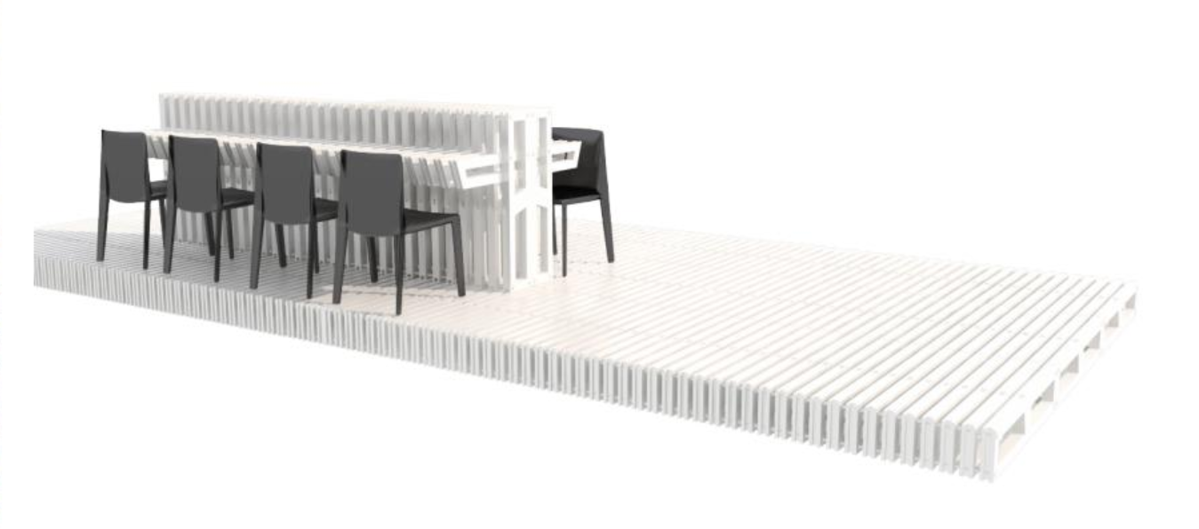 Bloc arranged as long seating with tables for social gatherings.