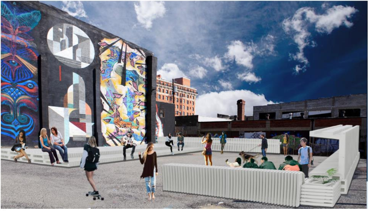 Bloc modules creating interactive seating in a mural-filled public square.