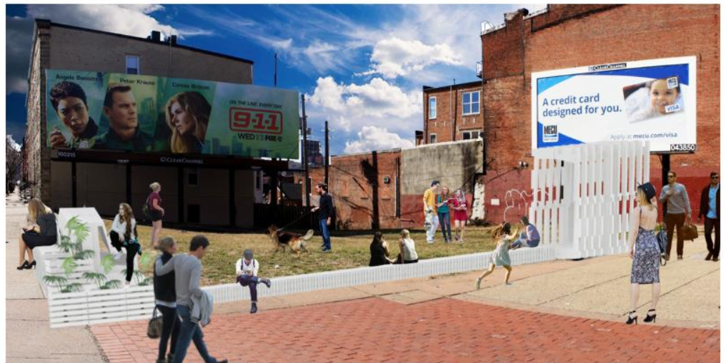 Bloc modules transforming an empty lot into a community-friendly gathering space.