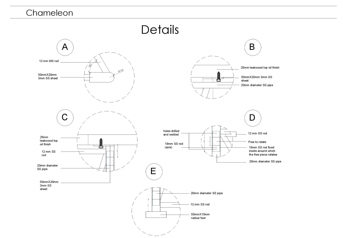 Highlighting material specifications and joinery details of the modular stool.