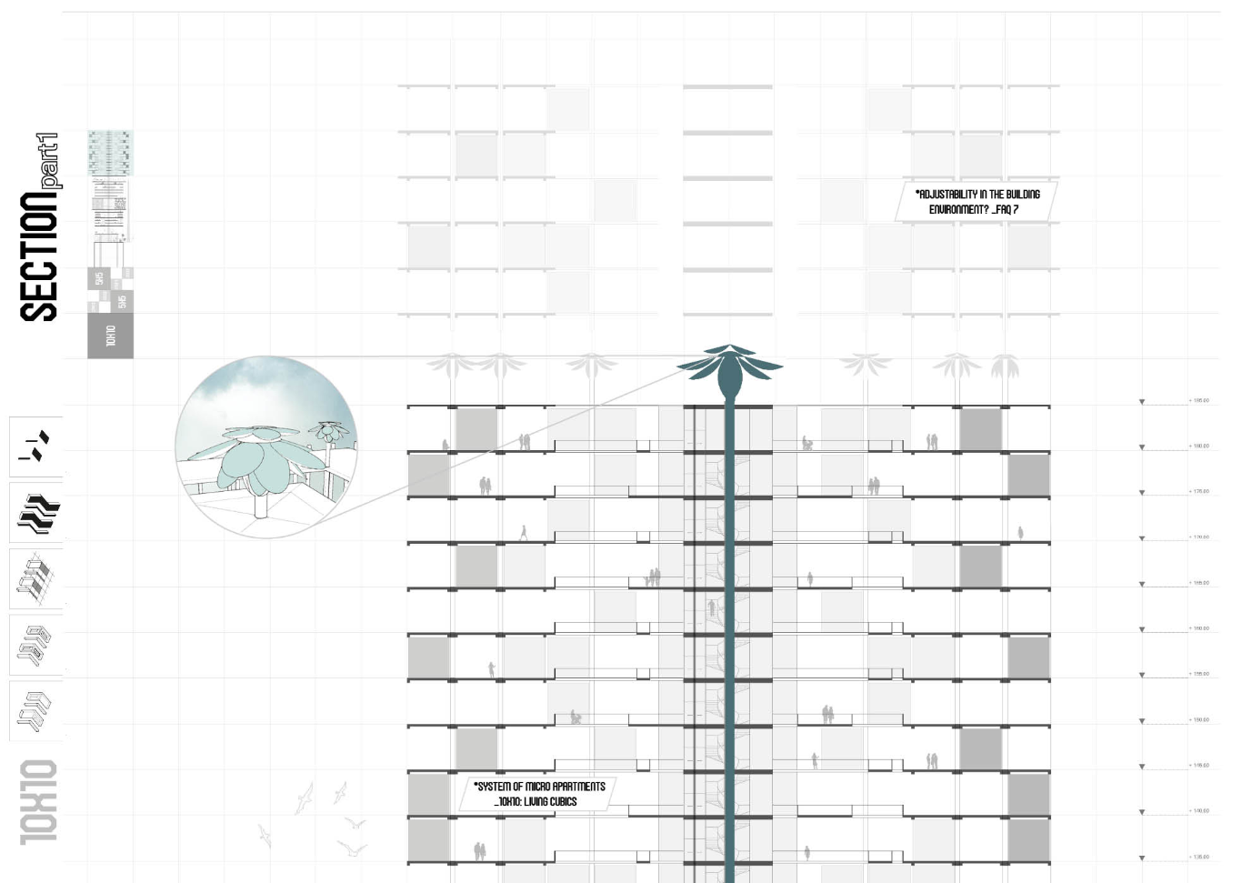 Sectional view highlighting micro-apartments and adaptability within the skyscraper structure.